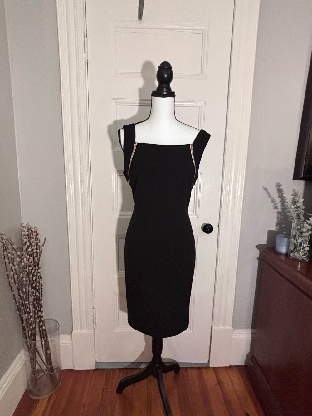 Calvin Klein Classic Black Sheath Dress with Gold Trim Zippers - Size 12